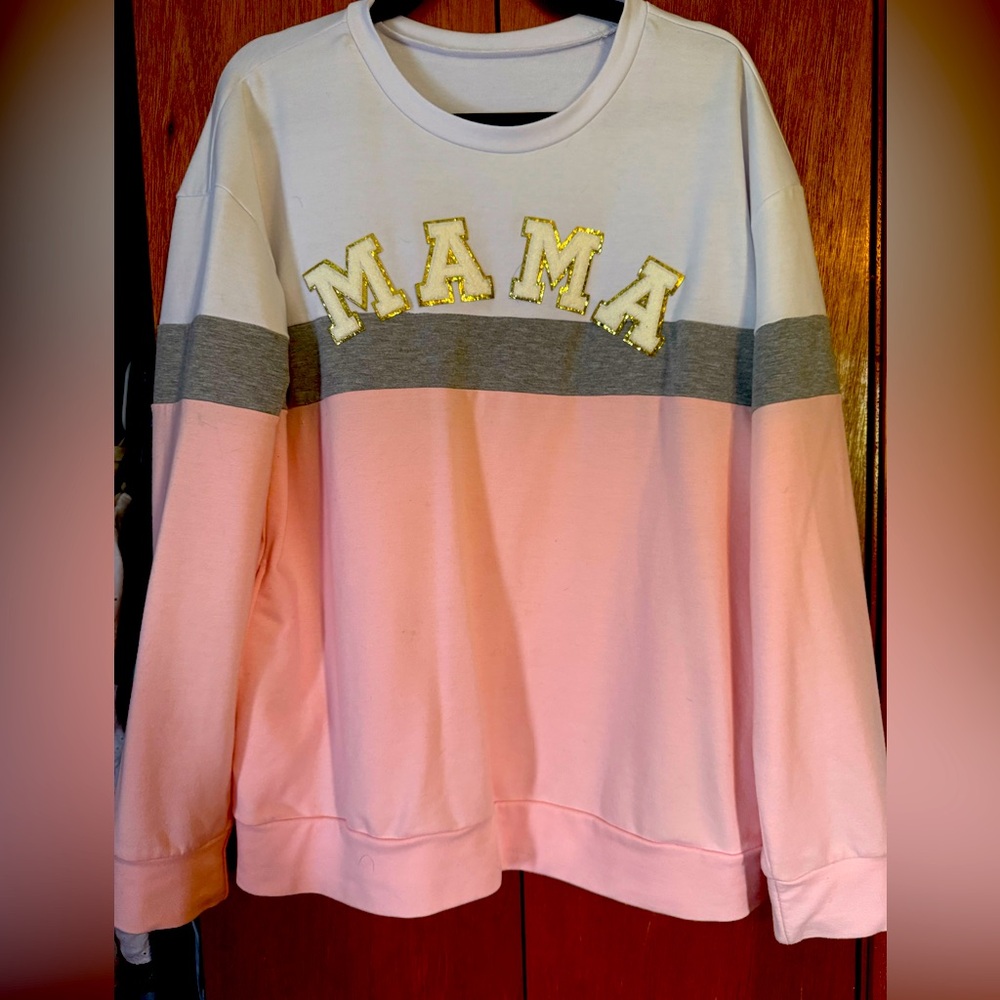 Colorblock 'MAMA' Sweater - Pink, Gray, and White